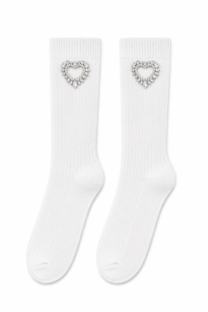Crystal Open Heart Socks White