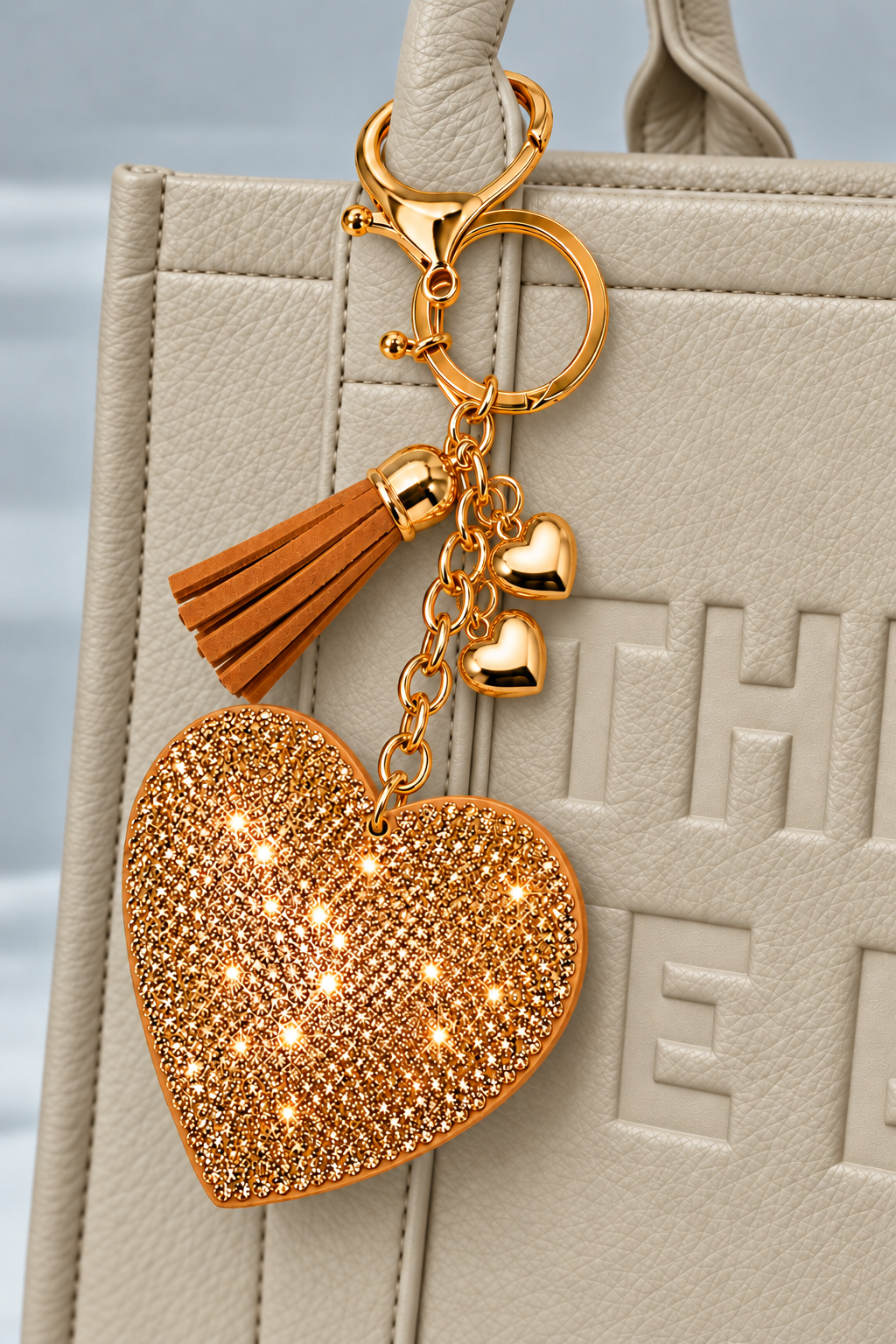 Crystal Padded Heart Bag Charm Keyring Gold