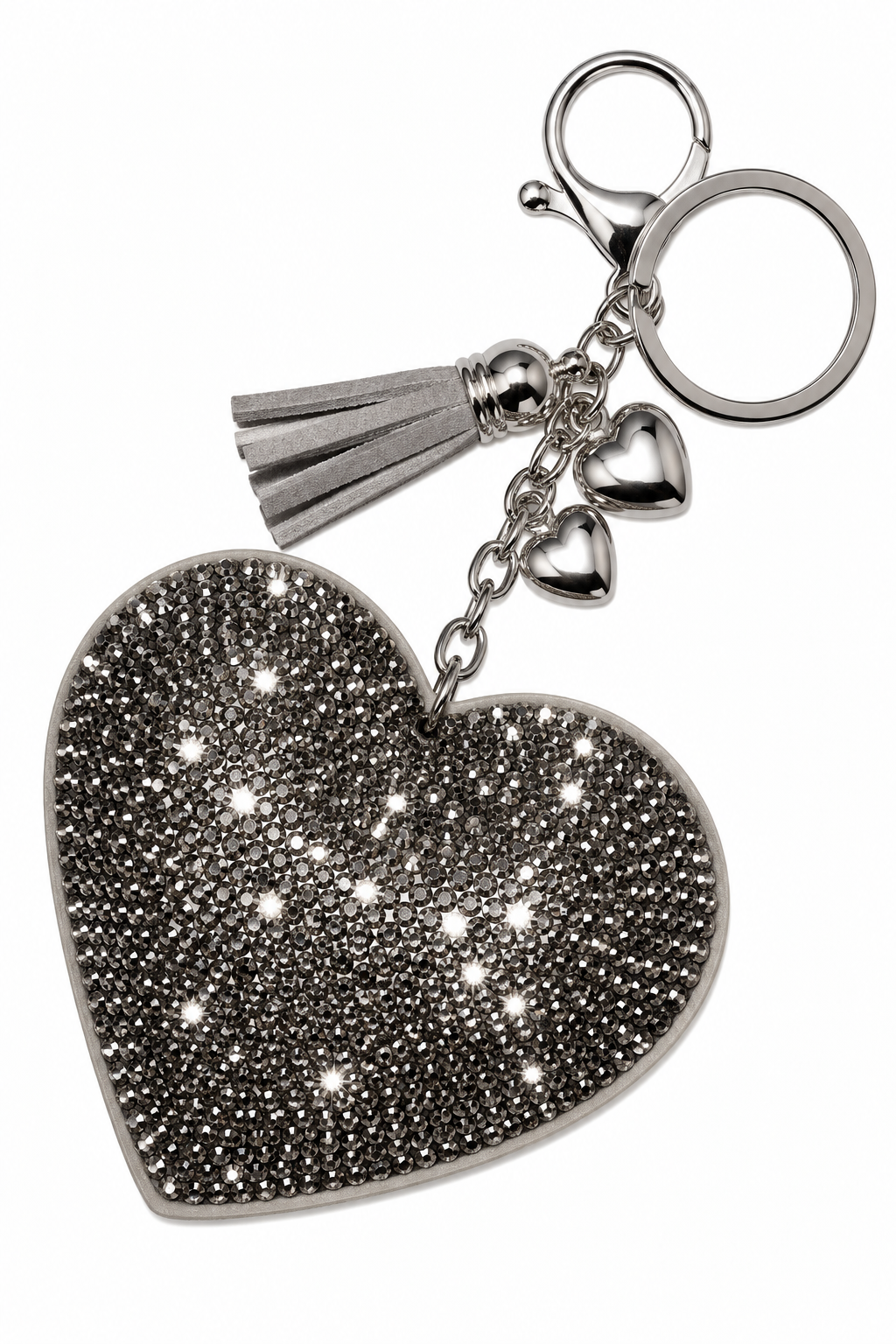 Crystal Padded Heart Bag Charm Keyring Pewter