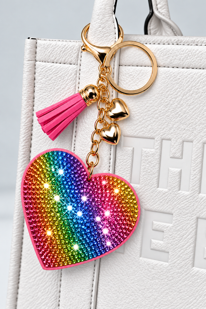 Crystal Padded Heart Bag Charm Keyring Rainbow