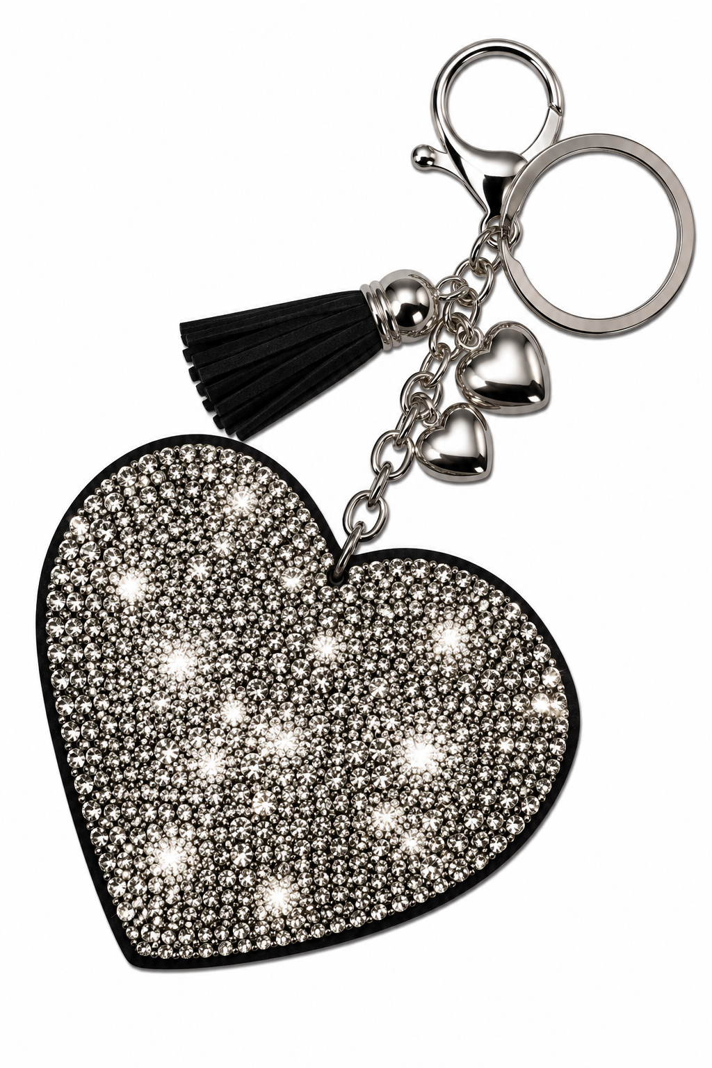 Crystal Padded Heart Bag Charm Keyring Silver &amp; Black