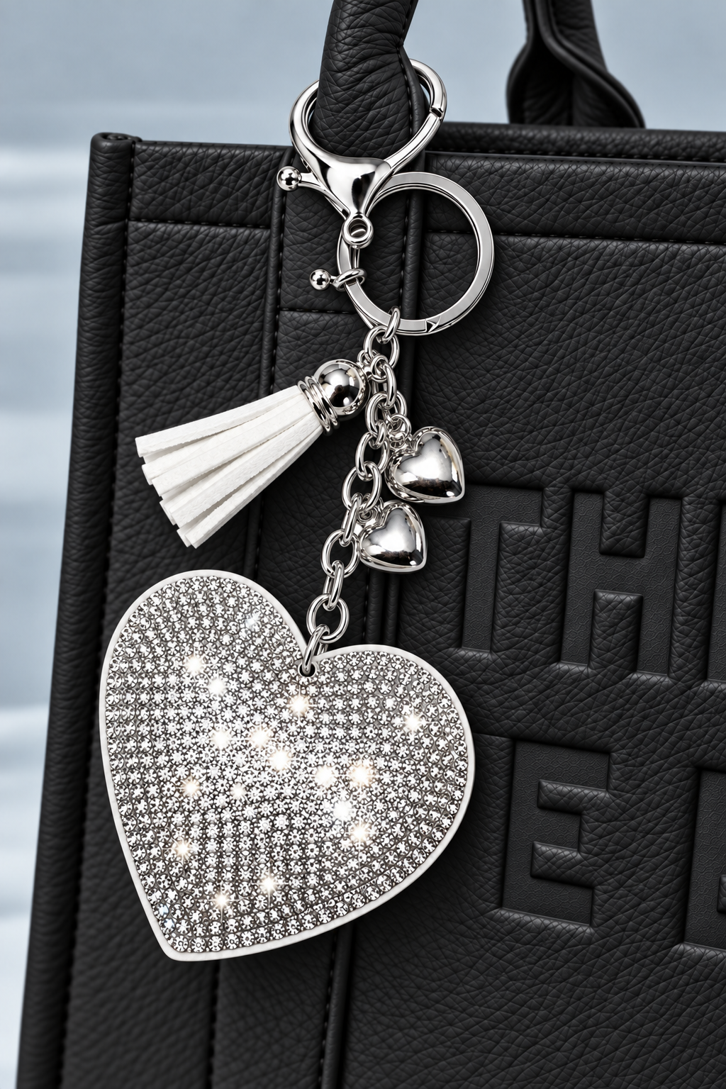 Crystal Padded Heart Bag Charm Keyring Silver