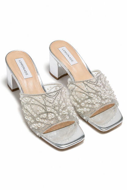 Crystal Pearl Luxe Block Mule Heels Silver