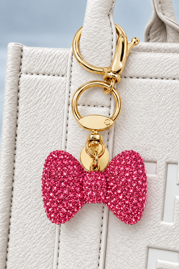 Crystal Pink Diamante Bow Bag Charm Keyring