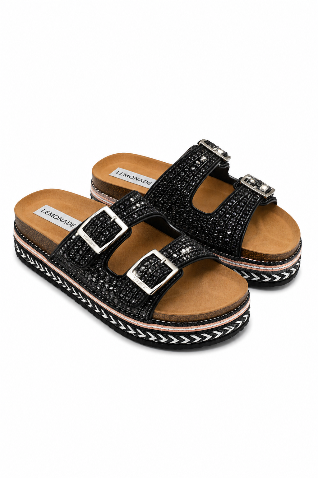 Crystal Riviera Double Buckle Sliders Black