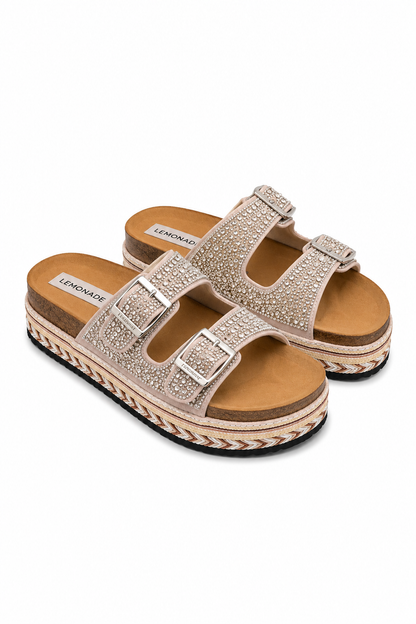 Crystal Riviera Double Buckle Sliders Gold