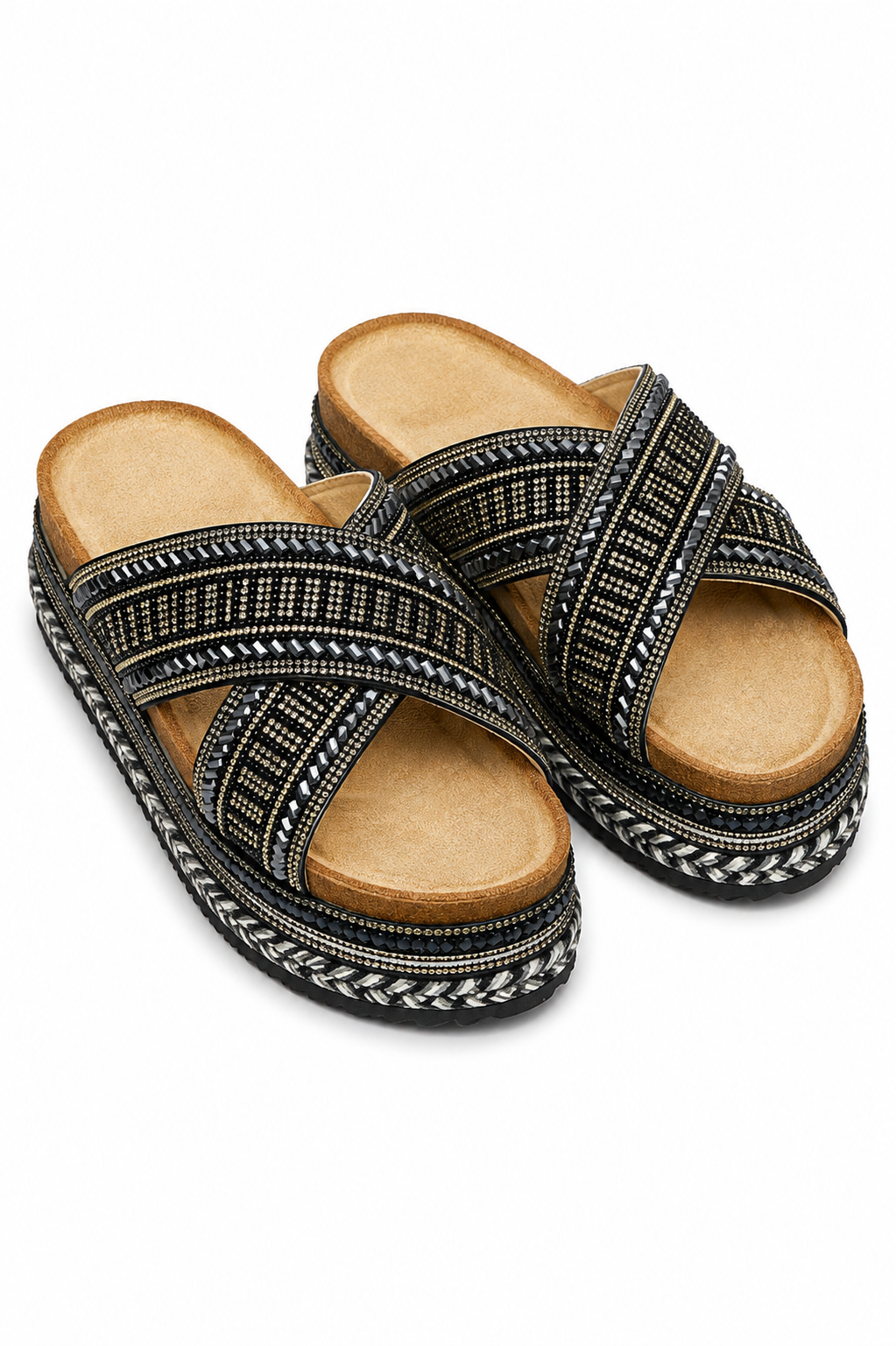 Crystal Shimmer Wedge Sliders Black