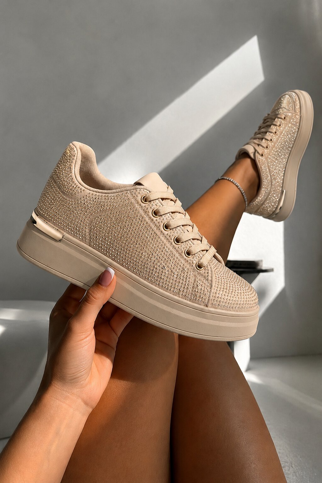 Crystal Society Glow Lace-Up Chunky Platform Trainers Beige