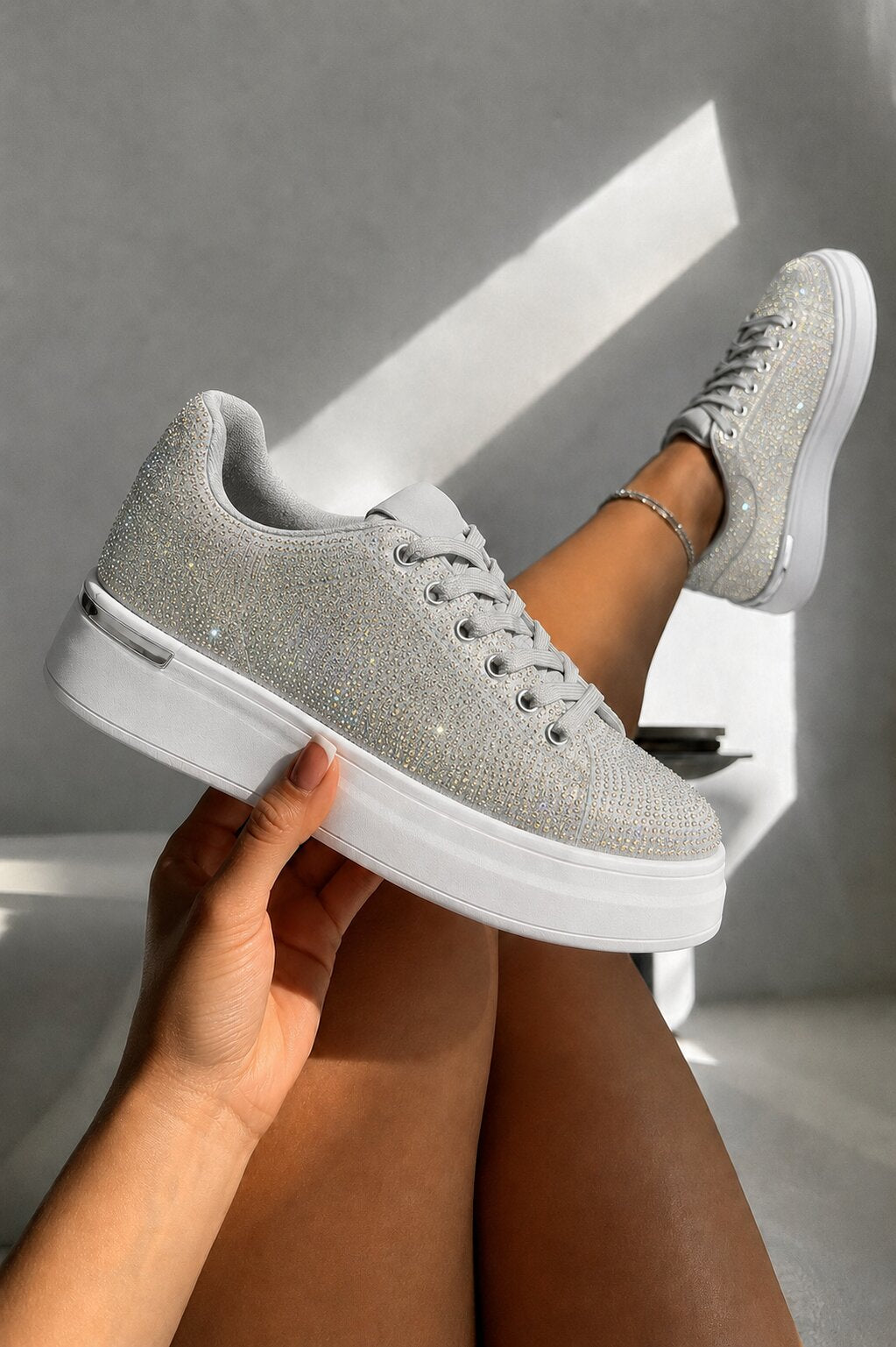 Crystal Society Glow Lace-Up Chunky Platform Trainers Silver