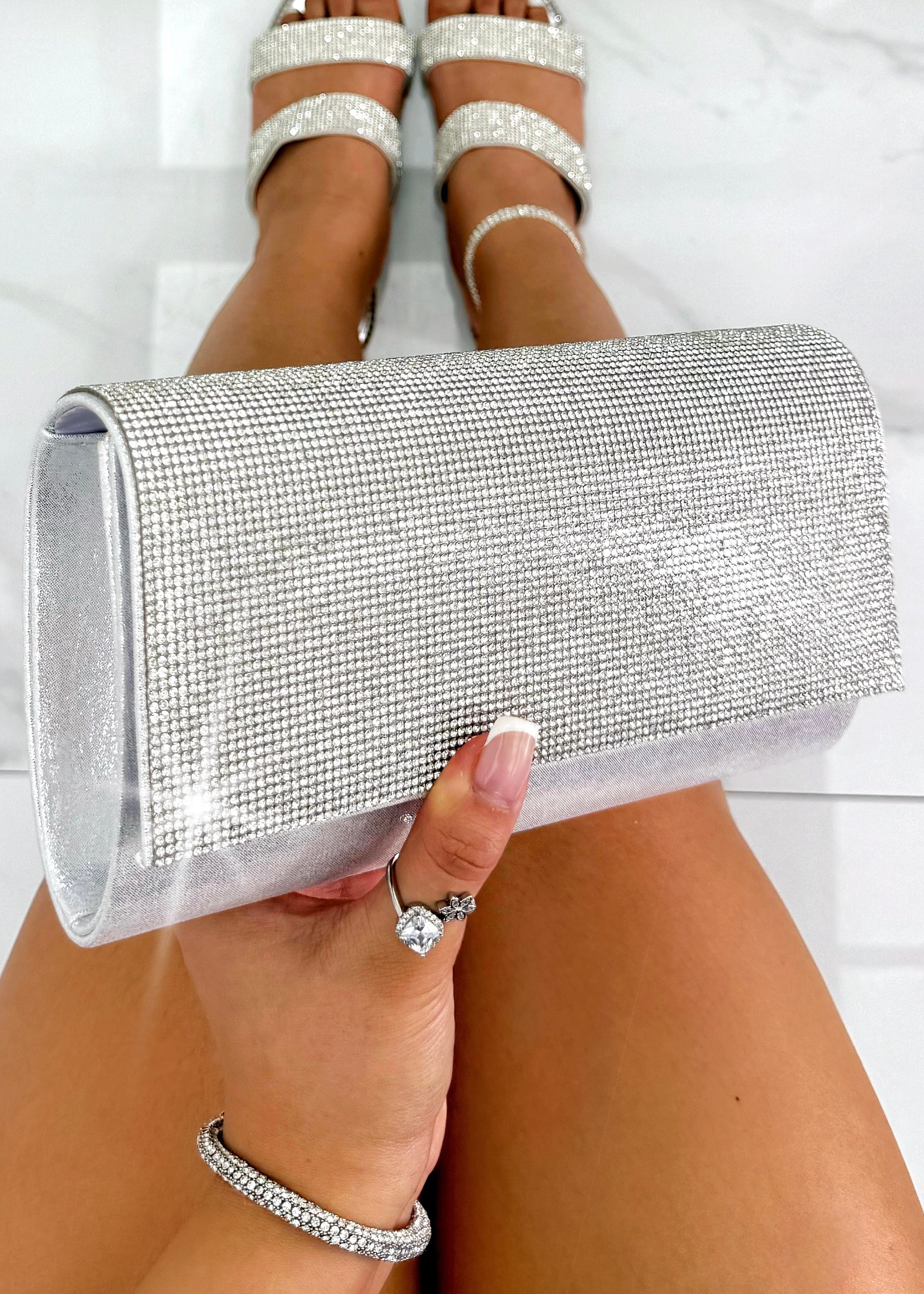 Crystal Sparkle Clutch Bag Silver, with a closer look at the design details