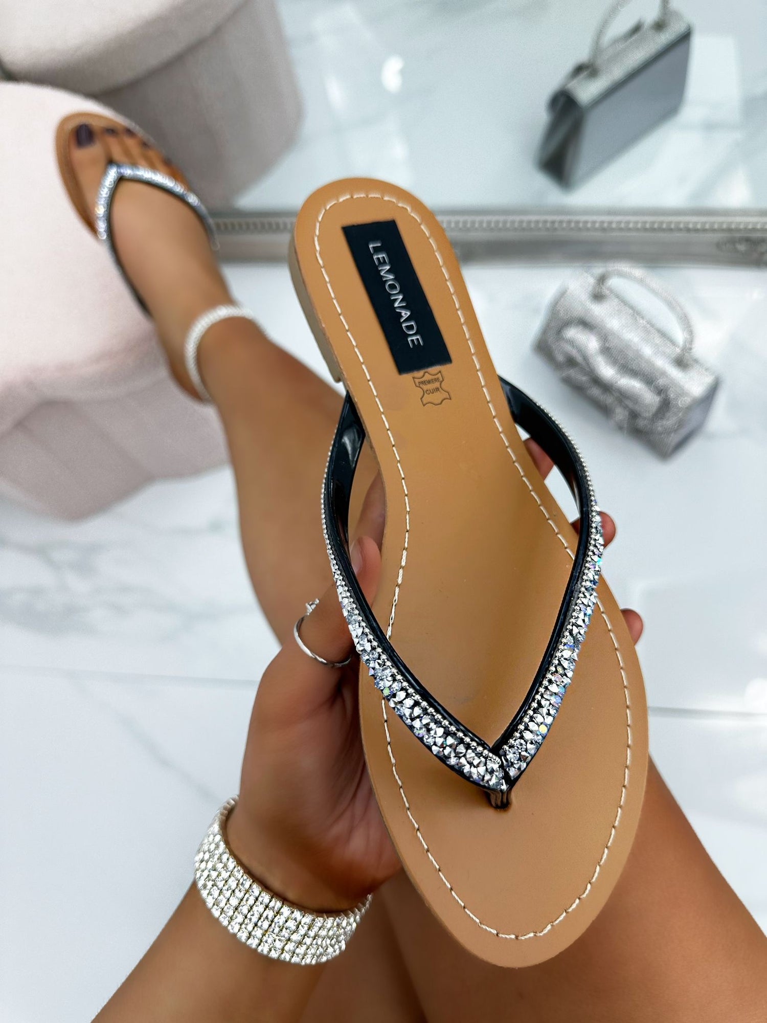 Crystal Sparkle Flip Flops Black