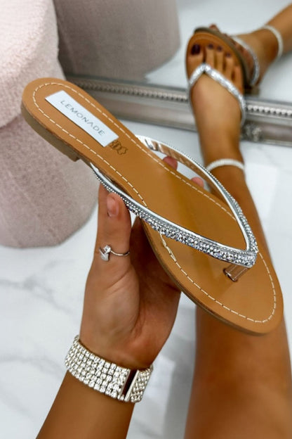 Crystal Sparkle Flip Flops Silver
