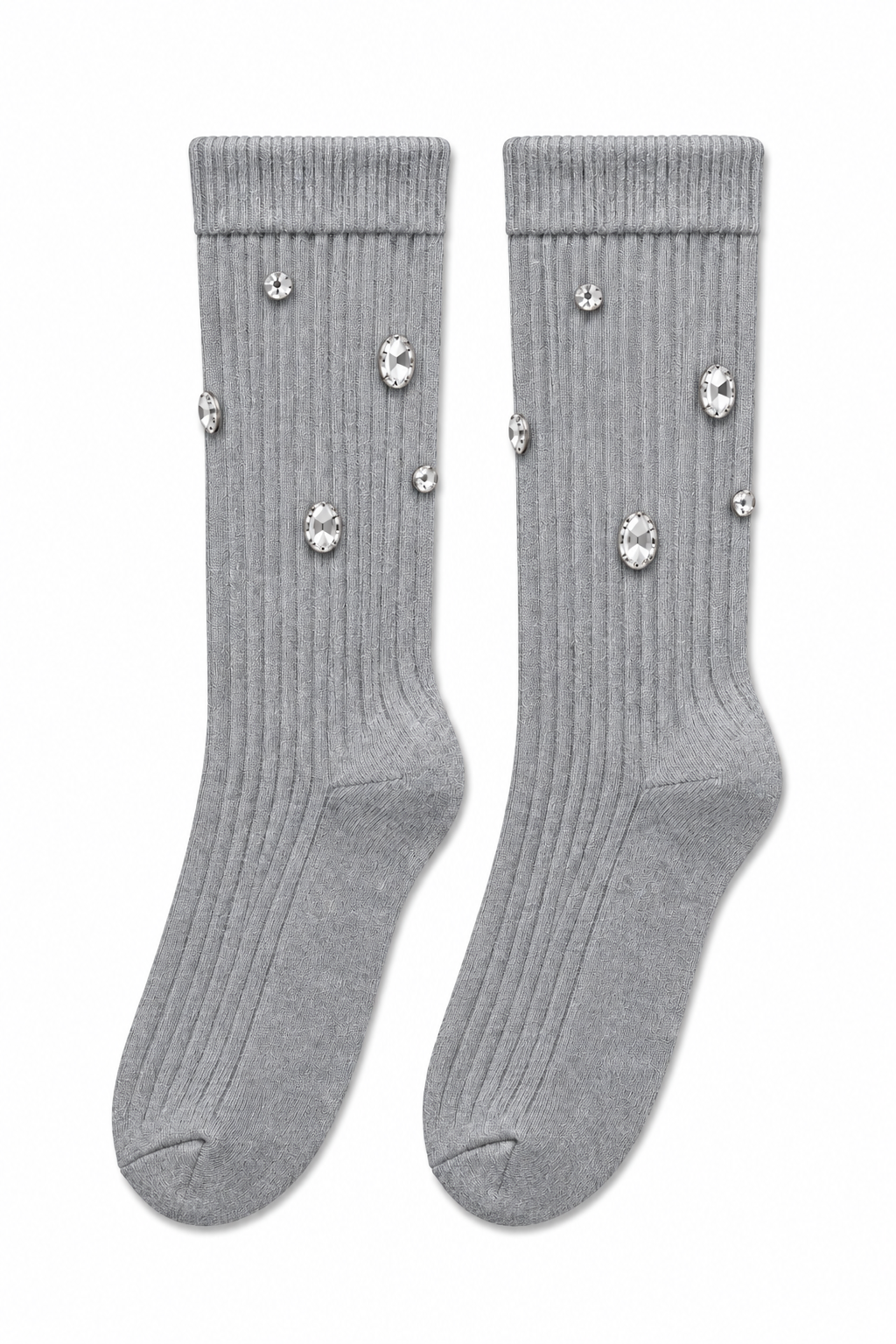 A pair of light gray ribbed crew socks decorated with scattered clear rhinestone embellishments, displayed against a solid white background.