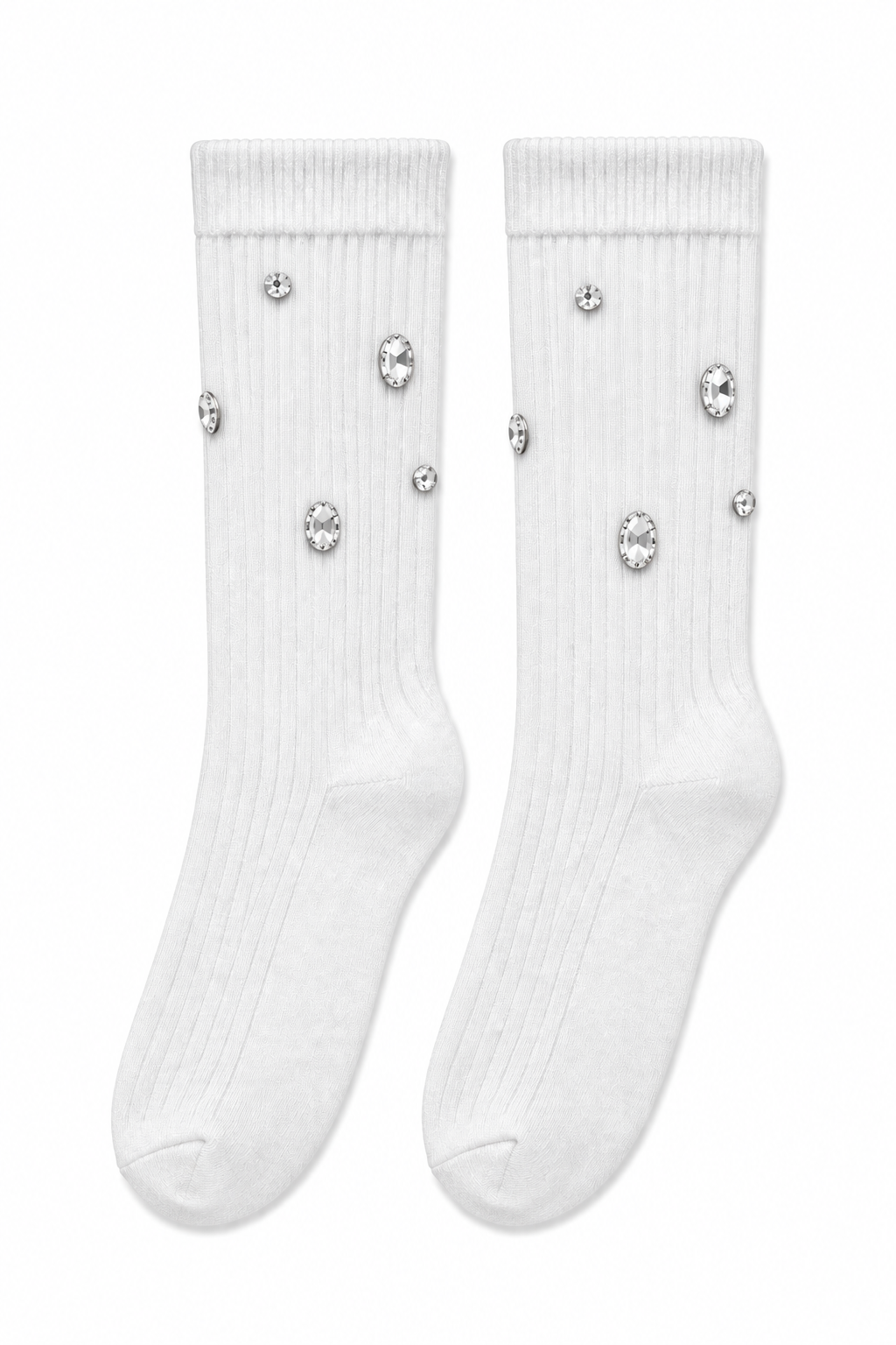 A pair of white ribbed crew socks decorated with scattered clear rhinestone embellishments, shown against a plain white background.