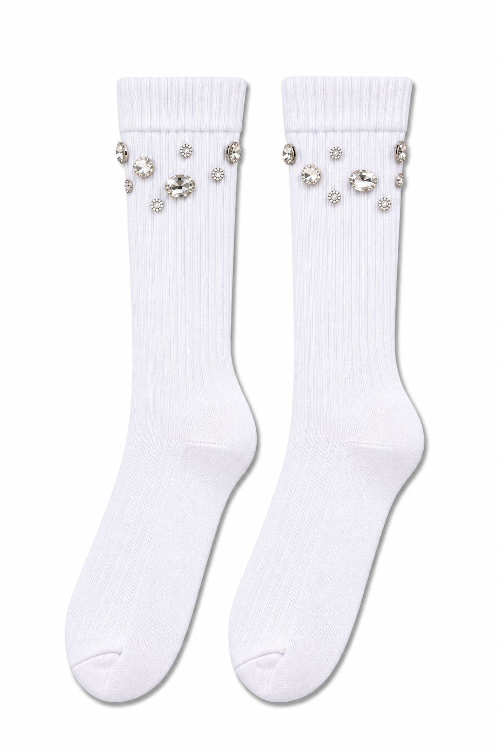 A pair of white ribbed crew socks decorated with clear rhinestone embellishments near the ribbed cuffs, displayed against a solid white background.