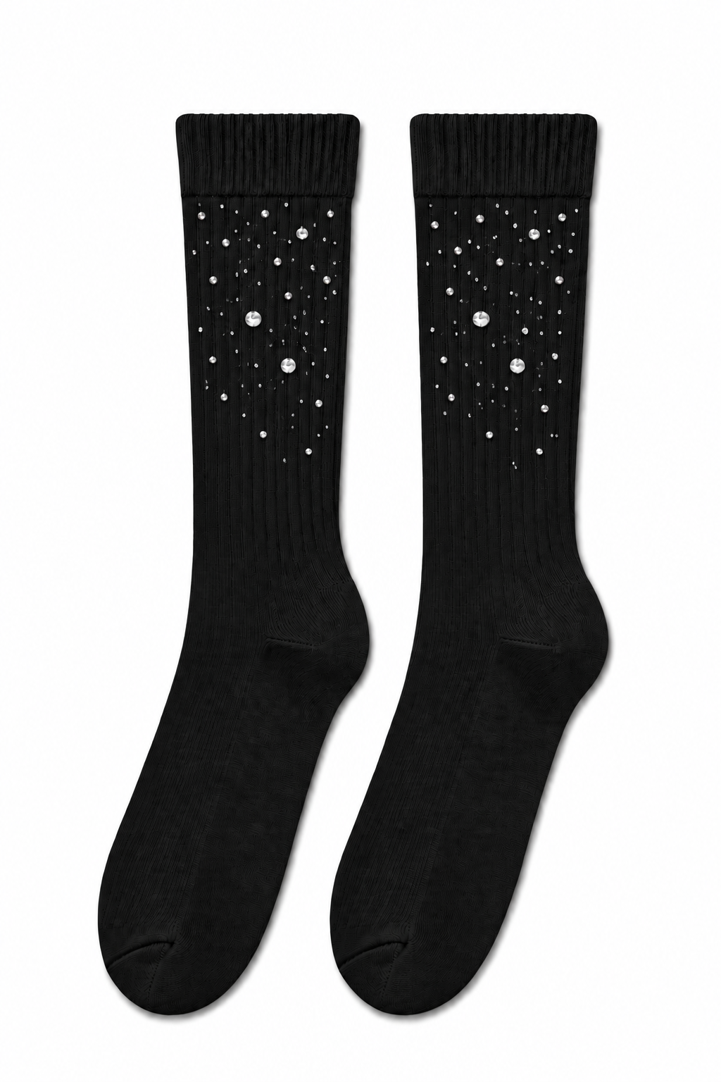 A pair of black crew socks with a white starry galaxy pattern on the upper leg, displayed against a plain white background.