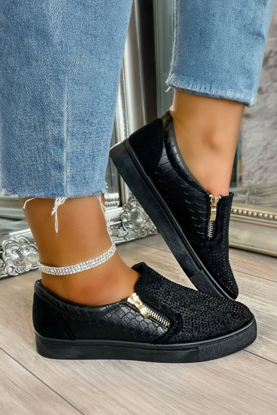 Crystal Suede Zip Pumps Black Trainers