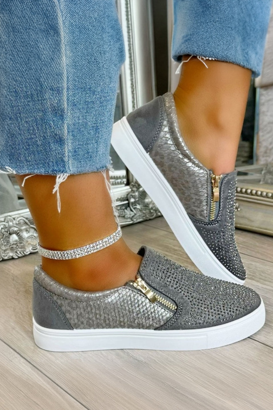 Crystal Suede Zip Pumps Grey Trainers