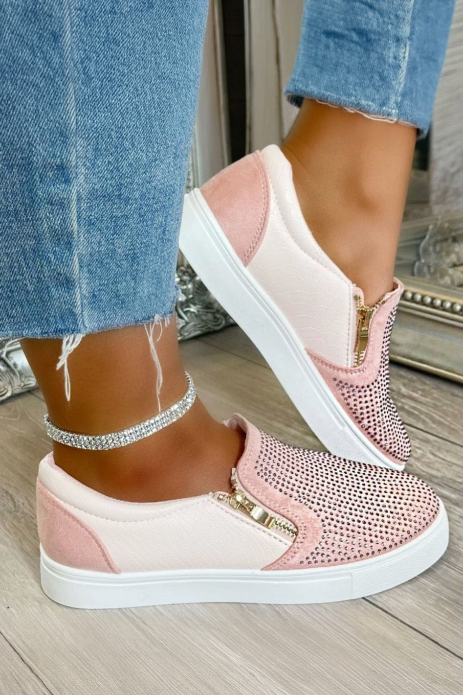 Crystal Suede Zip Pumps Pink Trainers