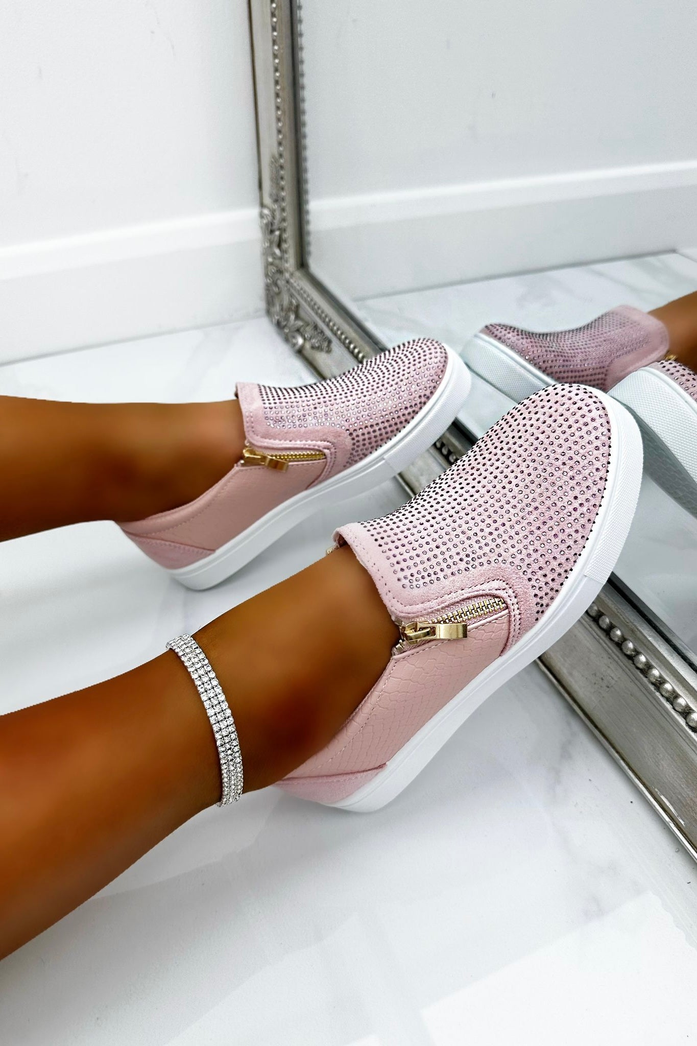 Crystal Suede Zip Pumps Pink Trainers, with emphasis on decorative zip