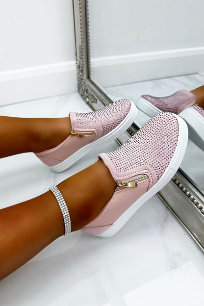 Crystal Suede Zip Pumps Pink Trainers, with emphasis on decorative zip