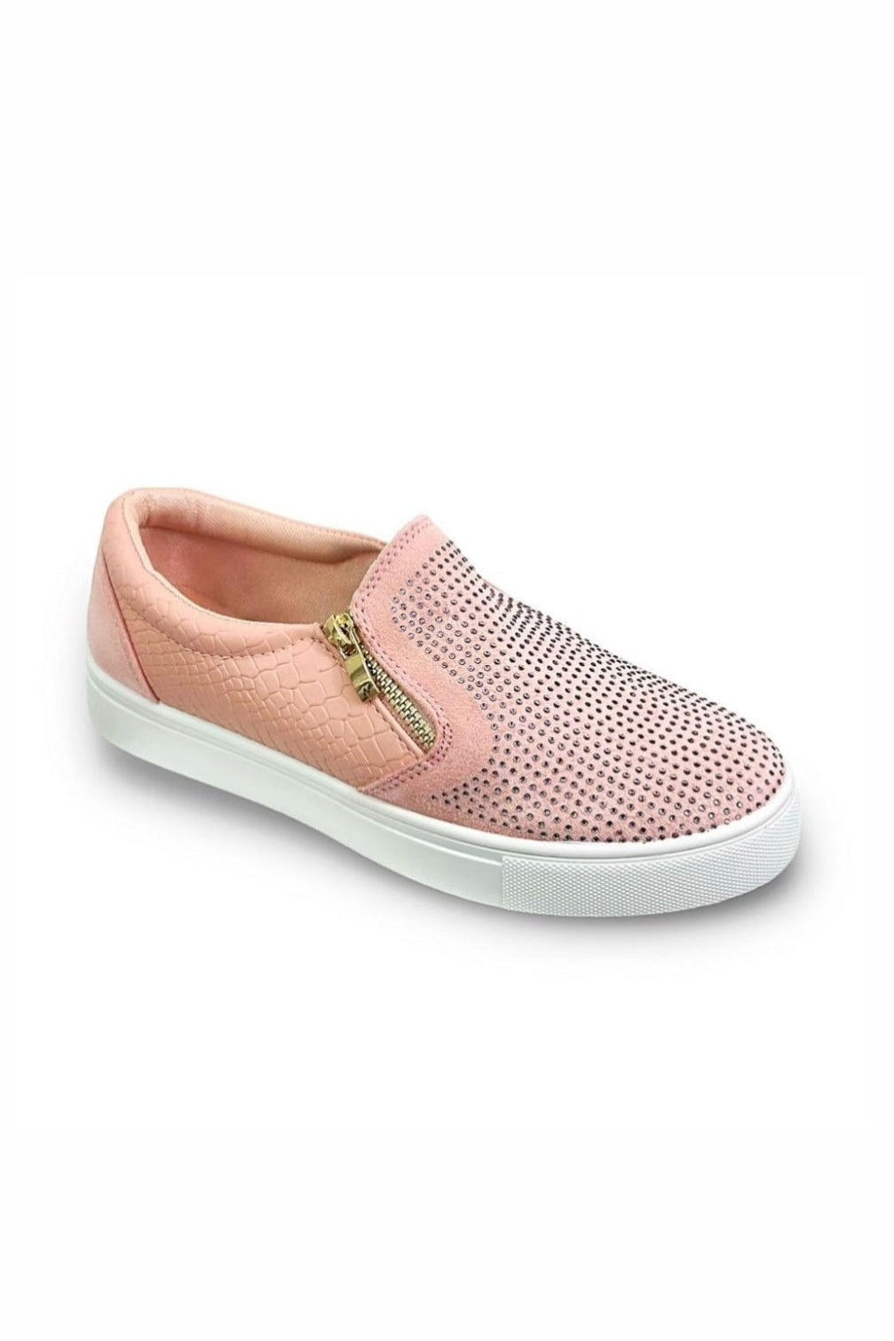 Pink slip-on sneaker with a gold zipper on a white background
