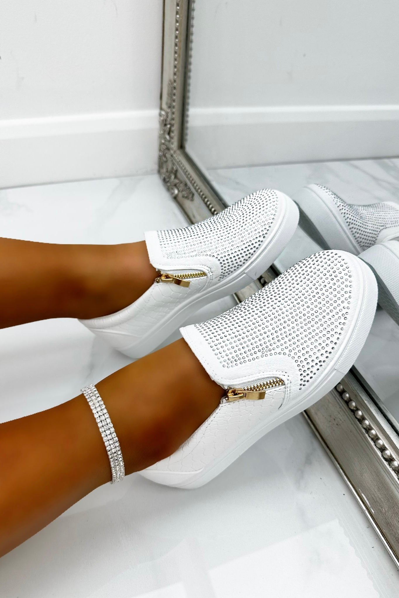 Crystal Suede Zip Pumps White Trainers, bringing attention to decorative zip