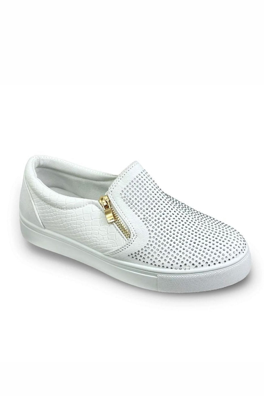 White slip-on sneaker with gold zipper on a white background