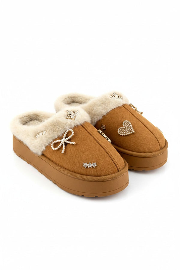 Crystal Sweetheart Cosy Luxe Faux Fur Lined Slippers Camel