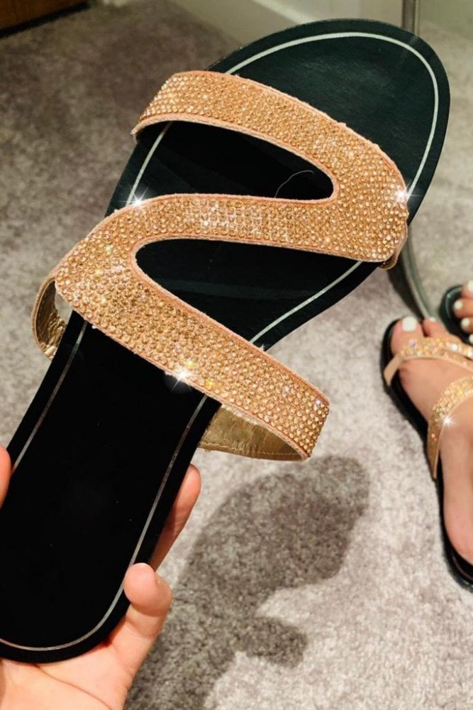 Crystal Swirl Sliders Rose Gold designed with flat Sole