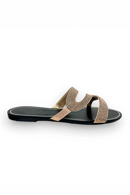 Rose gold swirl embellished sandal against a white background