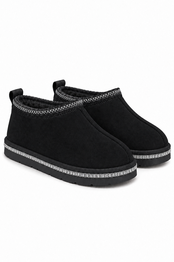 A pair of black slip-on ankle boots with textured knit trim and a decorative silver rhinestone-like border on the sole, shown against a plain white background.