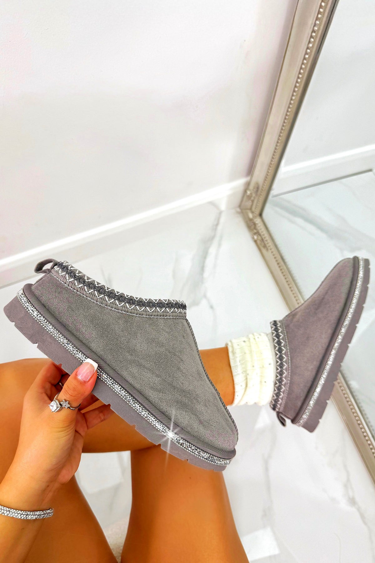 Crystal Tazgirl Faux Fur Lined Mule Clog Slippers Grey