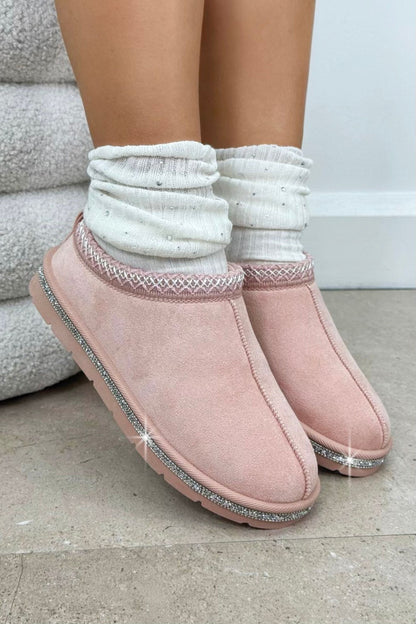 Crystal Tazgirl Faux Fur Lined Mule Clog Slippers Pink