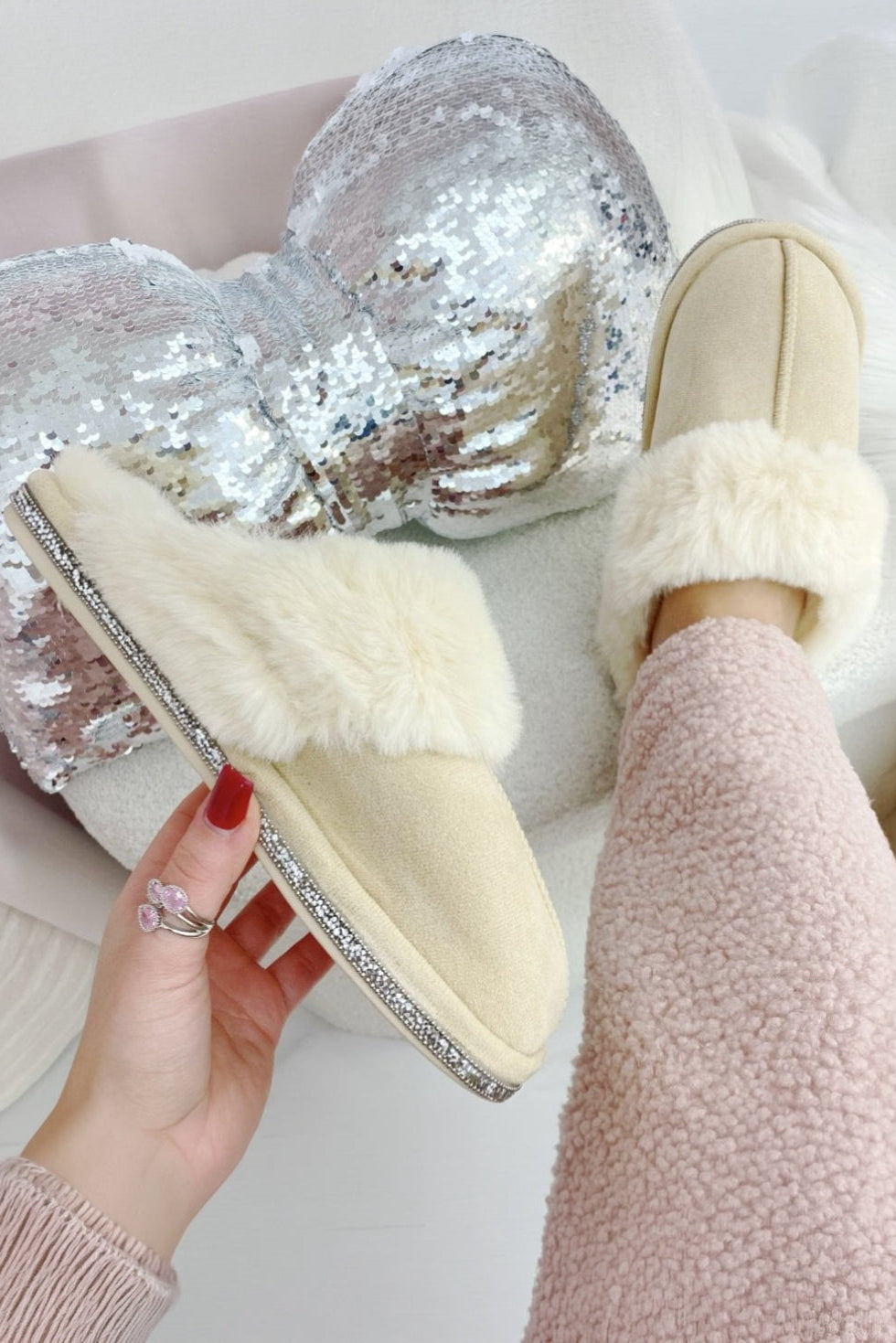 Crystal Trim Cosy Slippers Nude