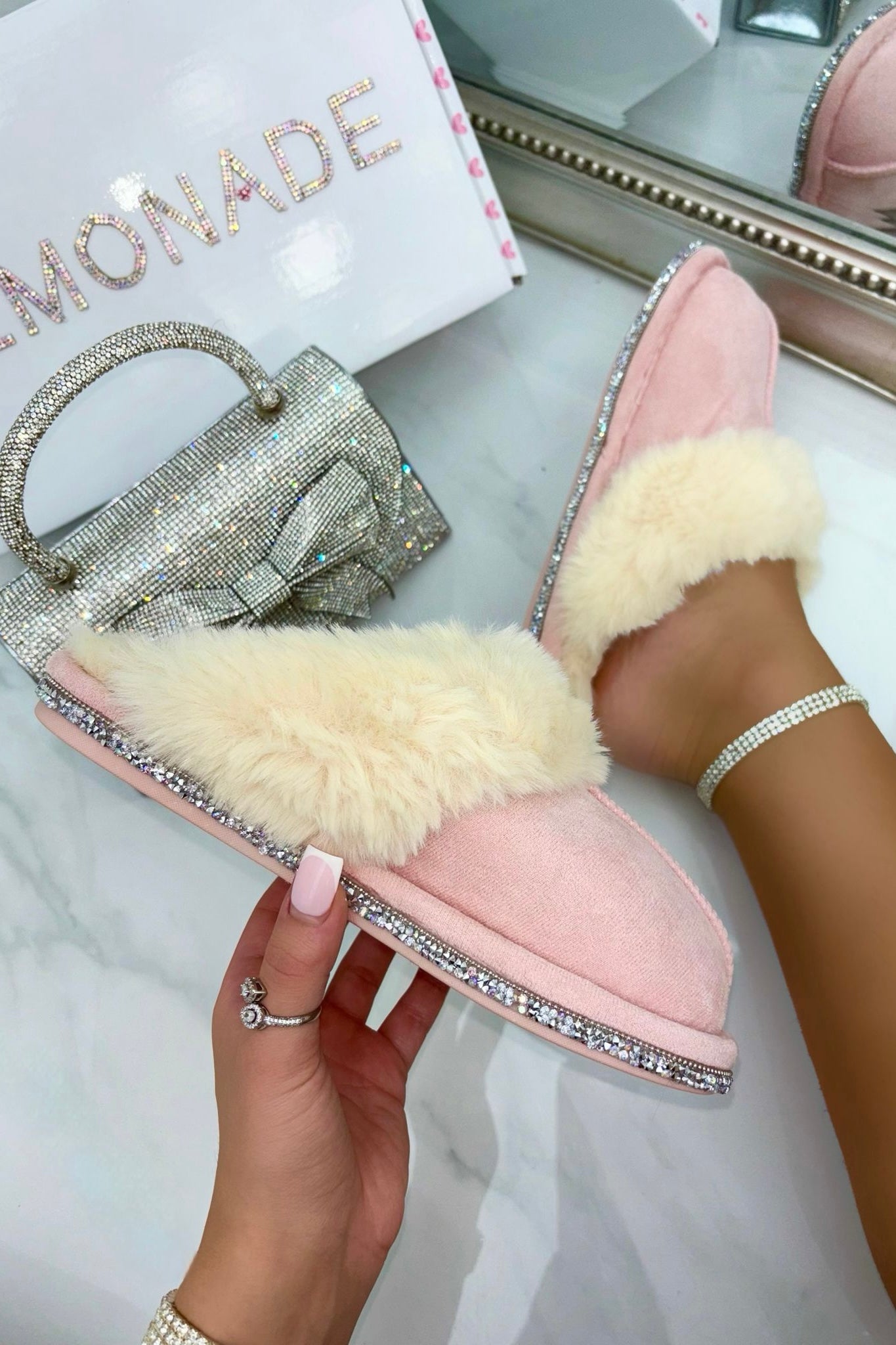 Crystal Trim Cosy Slippers Pink