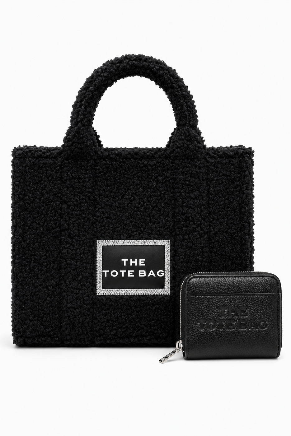 Crystal Trim Teddy Medium Tote Black &amp; Zip Up Tote Bag Purse Black Bundle