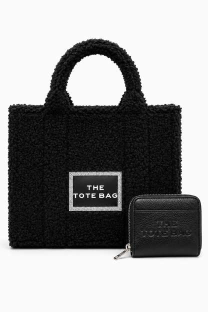 Crystal Trim Teddy Medium Tote Black &amp; Zip Up Tote Bag Purse Black Bundle