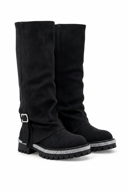 Crystal Trim Wild Obsession Knee High Boots Black