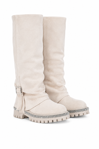 Crystal Trim Wild Obsession Knee High Boots Nude
