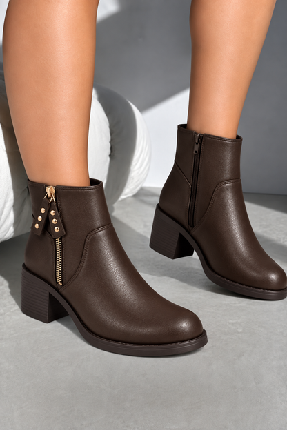 Blake Luxe Faux Leather Studded Side Zip Block Heel Ankle Boots Brown