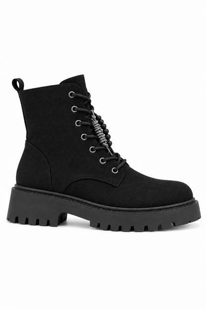 Dakota Comfort Lace-Up Chunky Faux Suede Zip Up Biker Boots Black