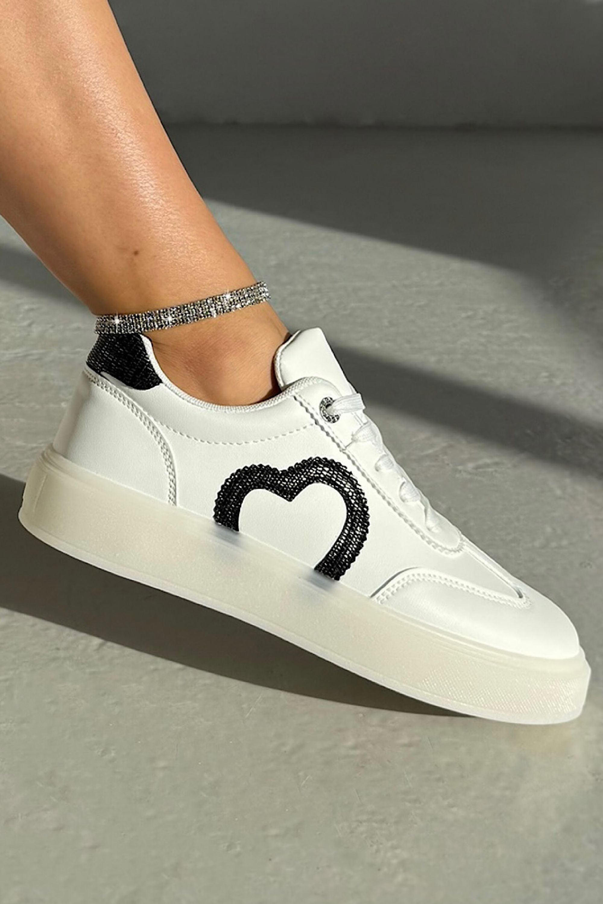Crystal Cherish Heart Lace-Up Trainers White, highlighting low-profile trainer silhouette