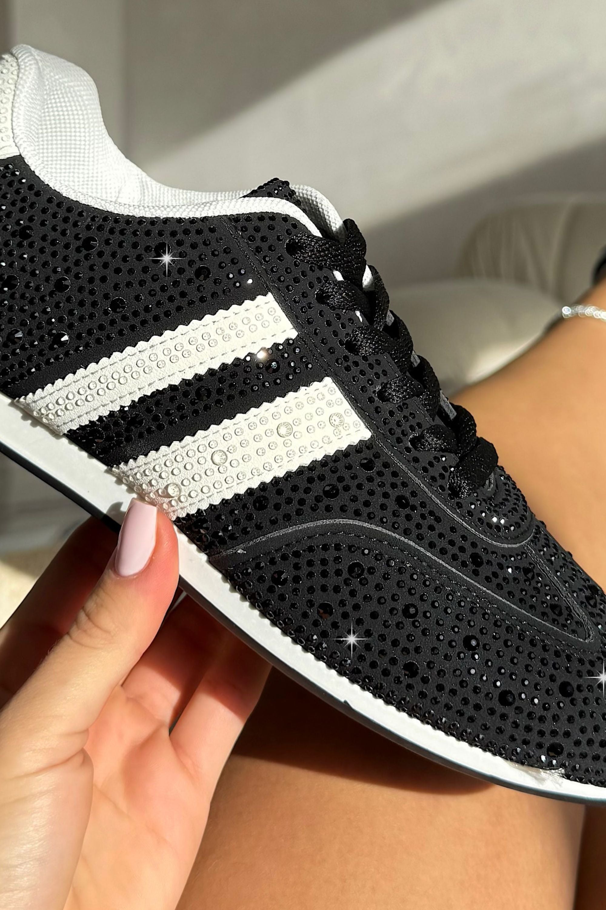 Crystal Dewdrop Lace-Up Trainers Black, showcasing low-profile trainer silhouette