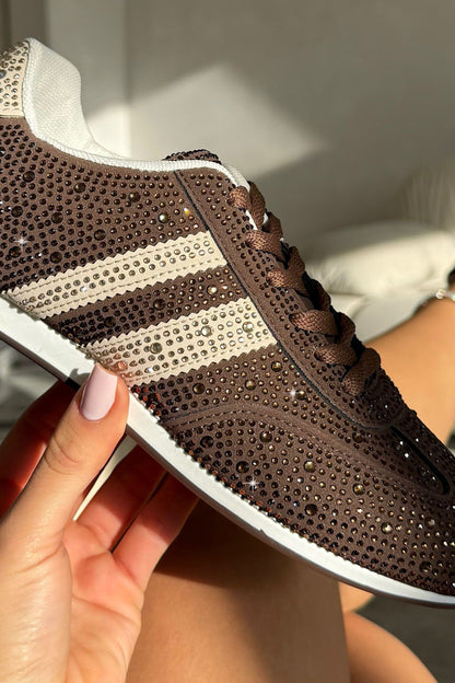 Crystal Dewdrop Lace-Up Trainers Brown, with emphasis on low-profile trainer silhouette