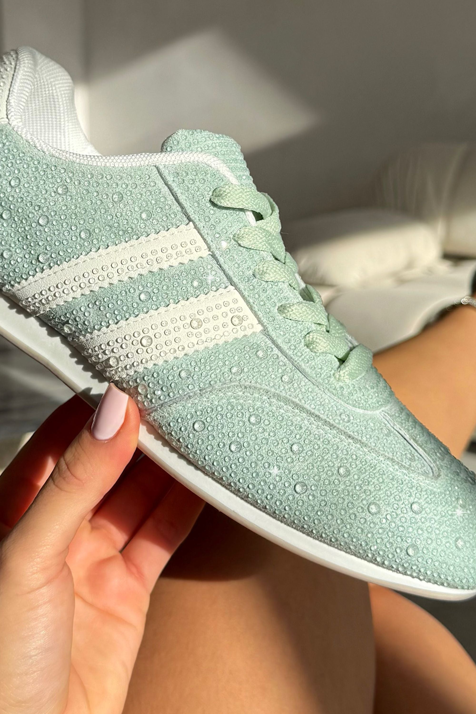 Crystal Dewdrop Lace-Up Trainers Green, with emphasis on low-profile trainer silhouette