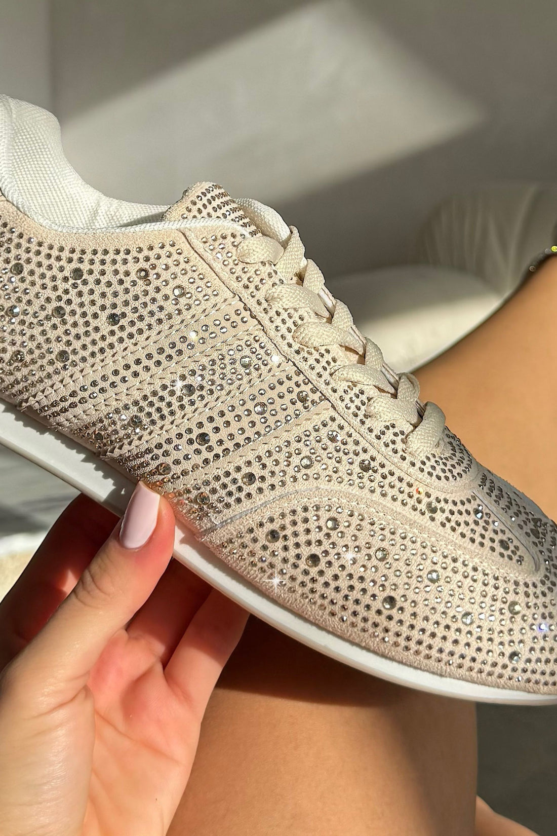 Crystal Dewdrop Lace-Up Trainers Nude, highlighting low-profile trainer silhouette