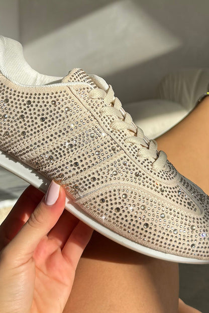 Crystal Dewdrop Lace-Up Trainers Nude, highlighting low-profile trainer silhouette