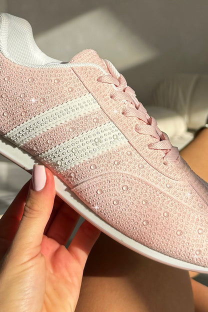 Crystal Dewdrop Lace-Up Trainers Pink, bringing attention to low-profile trainer silhouette