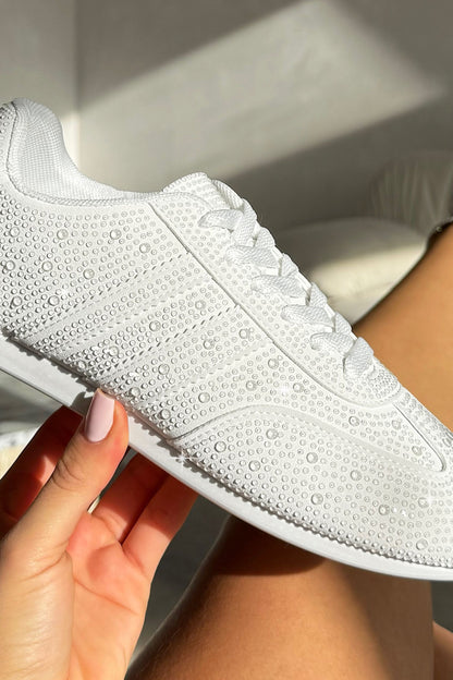 Crystal Dewdrop Lace-Up Trainers White, bringing attention to low-profile trainer silhouette